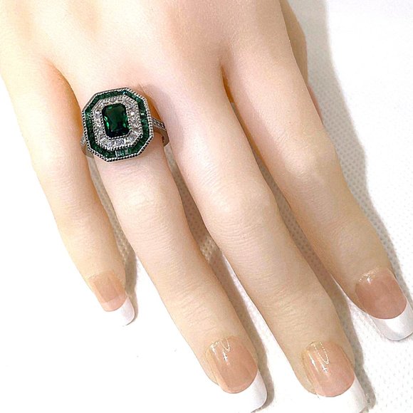 Art Deco FAUX Emerald & Diamond Ring - Size 5 thru 8 - Picture 5 of 9